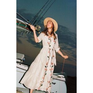 Samant Chauhan White Floral Embroidered Maxi Shirt Dress Tie Waist Boho Size 6